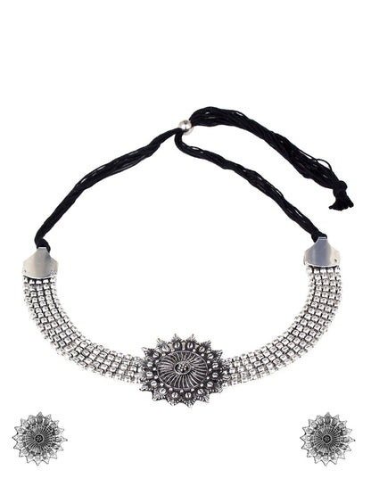 Cardinal Silver-Toned Black Oxidized Choker Necklace Set