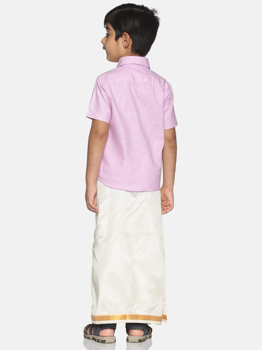 Sethukrishna Boys Pink & White Solid Shirt with Veshti Set