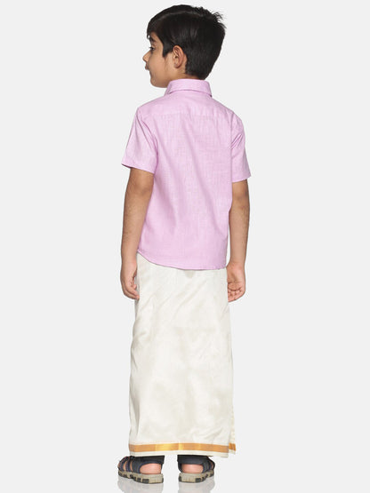 Sethukrishna Boys Pink & White Solid Shirt with Veshti Set