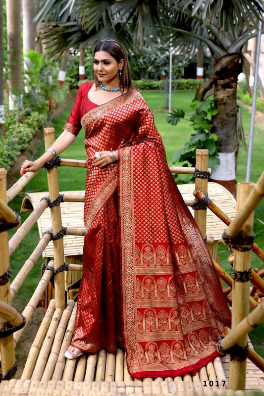 Partywear Designer Red Banarasi Silk Fancy Saree - Starwalk