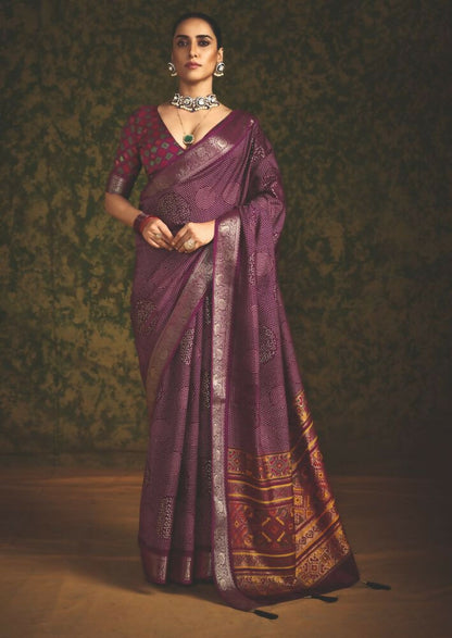 Joban Fashion Maroon Velvet Tussar Silk with Foil Print Saree