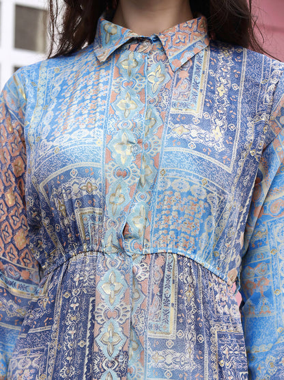 Light Blue Crepe Foil Printed Long Dress - Michan