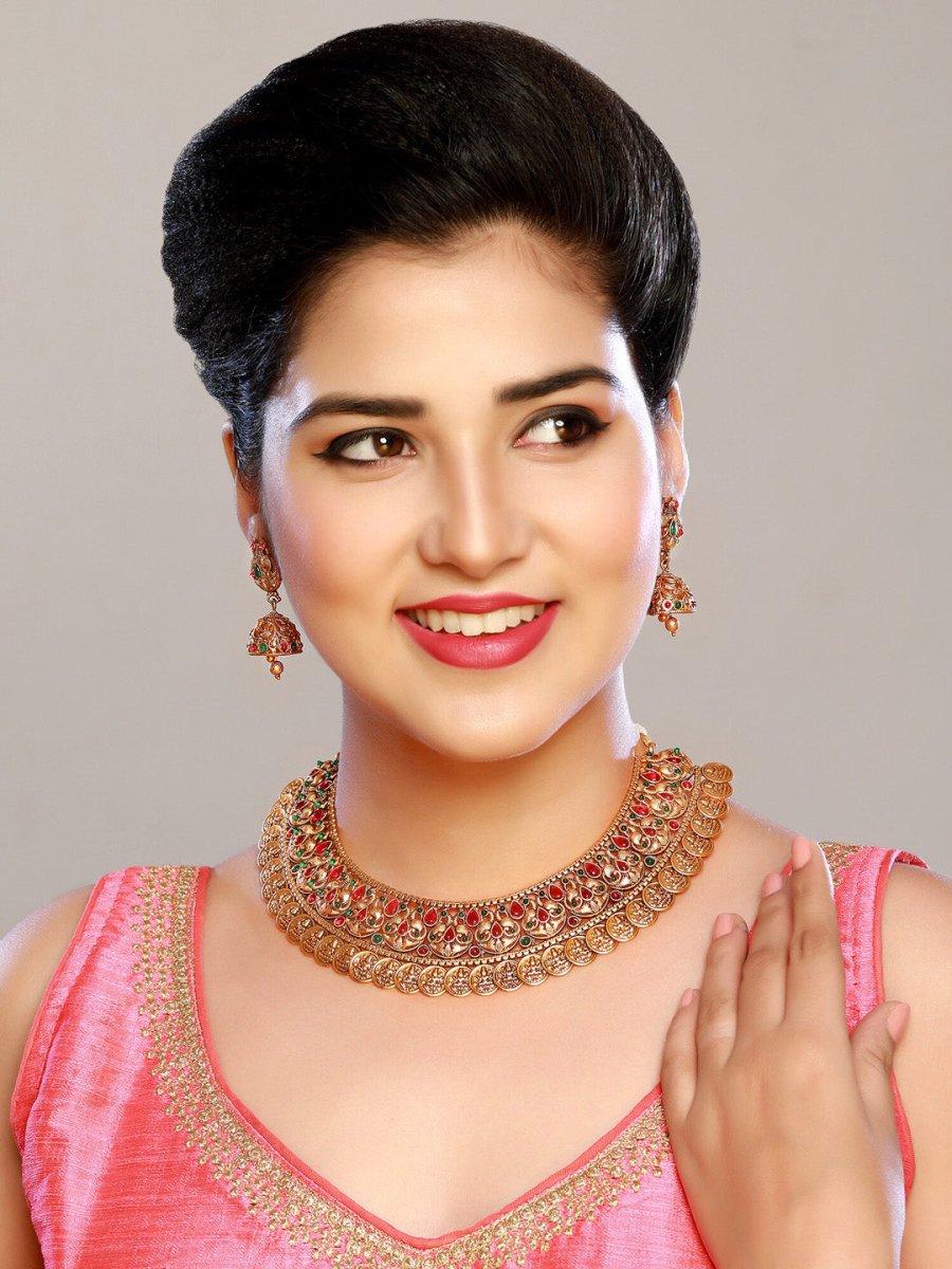 Aadita Gold-Polished Green & Pink Stone-Studded & Pearl Beaded Jewellery Set