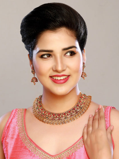 Aadita Gold-Polished Green & Pink Stone-Studded & Pearl Beaded Jewellery Set