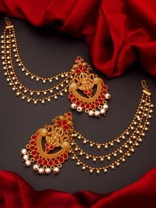 Aadita Red Gold-Toned & White Pearls Studded Contemporary Drop Earrings With Hair Chain