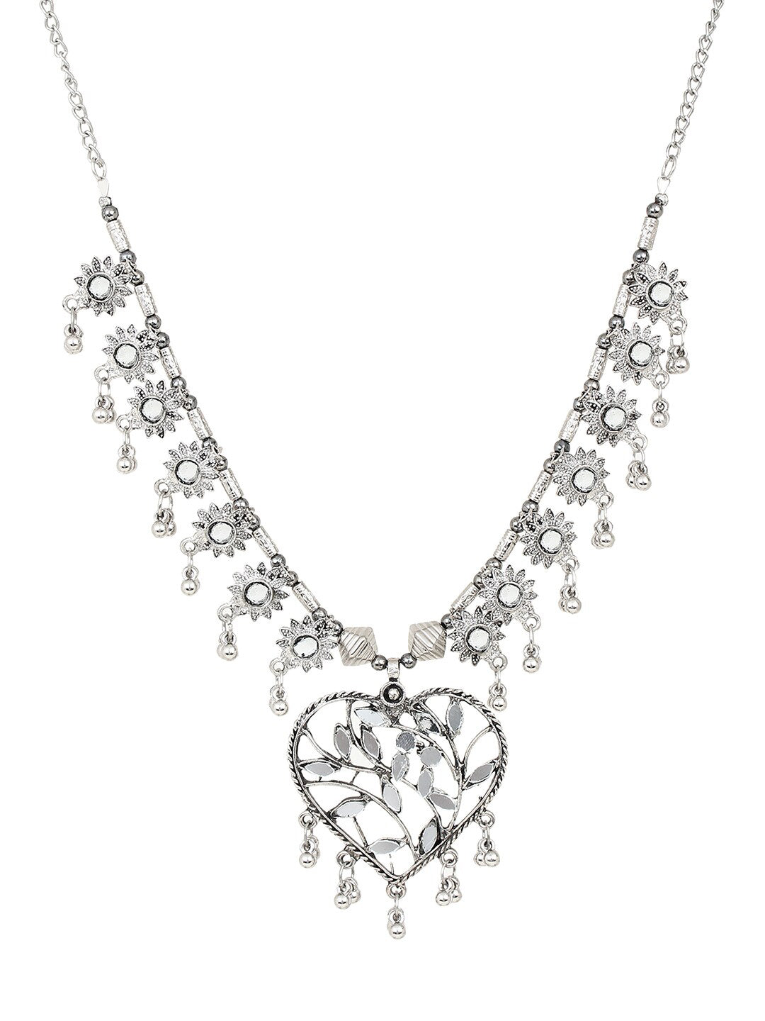 Cardinal Women Silver-Toned Oxidised Stone Studded & Beaded Heart Shaped Jewellery Set