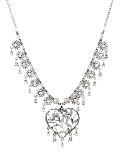 Cardinal Women Silver-Toned Oxidised Stone Studded & Beaded Heart Shaped Jewellery Set