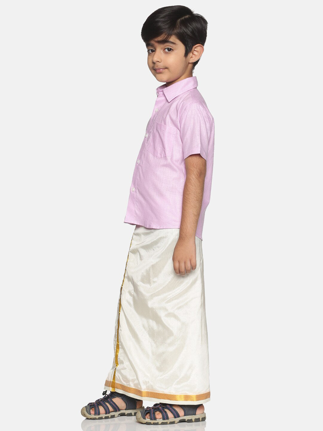 Sethukrishna Boys Pink & White Solid Shirt with Veshti Set