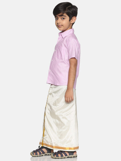 Sethukrishna Boys Pink & White Solid Shirt with Veshti Set