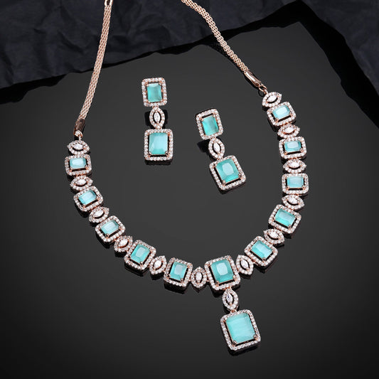 Estele Rose Gold-Polished CZ Shimmering Square Designer Necklace Set with Mint Green Stones for Women