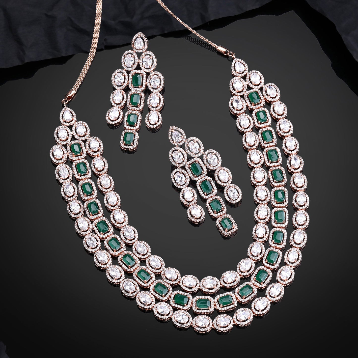 Estele Rose Gold-Polished CZ Spectacular Triple Line Necklace Set with Green Stones for Women