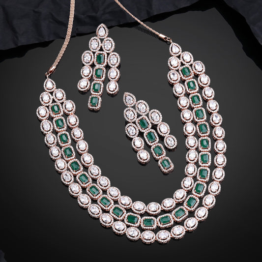 Estele Rose Gold-Polished CZ Spectacular Triple Line Necklace Set with Green Stones for Women