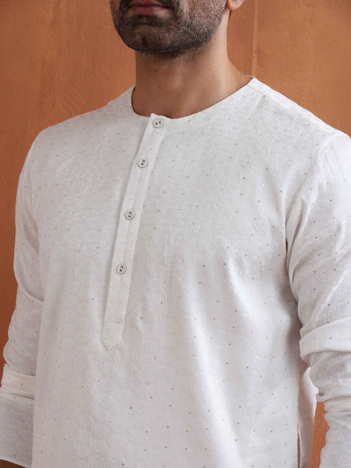trueBrowns Men's Ivory Sequin Chanderi Kurta