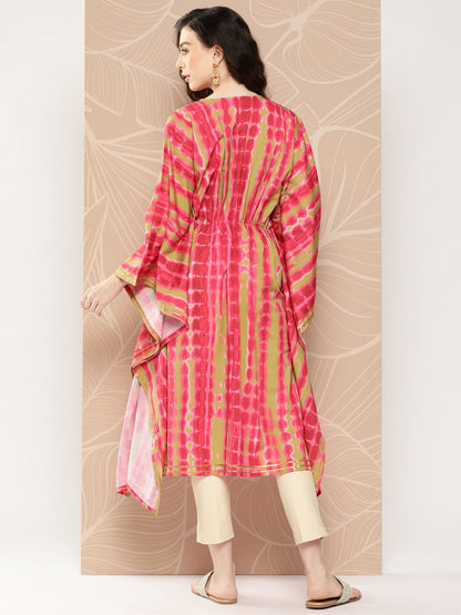 Ahalyaa Women Printed Flared Sleeves Gotta Patti Belted Detail Crepe Kaftan Kurta