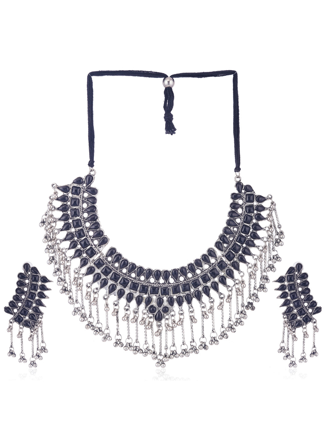Cardinal Silver-Plated Black Stone Studded Jewellery Set