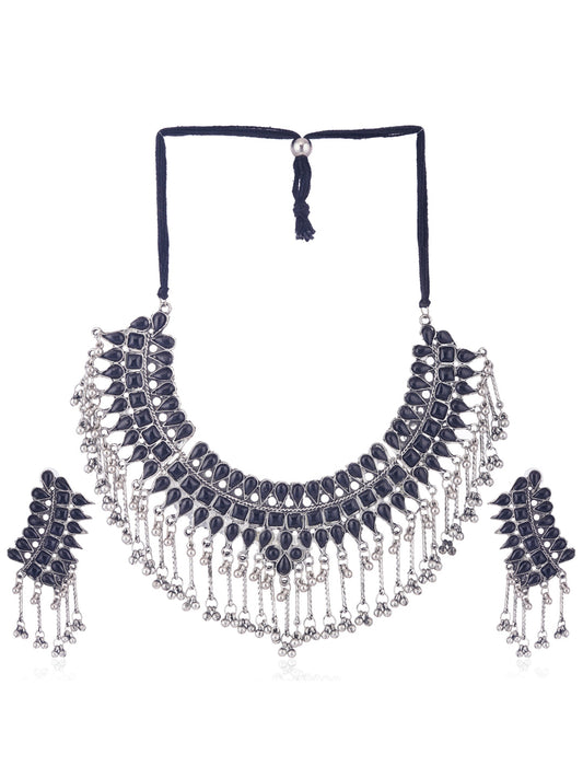 Cardinal Silver-Plated Black Stone Studded Jewellery Set