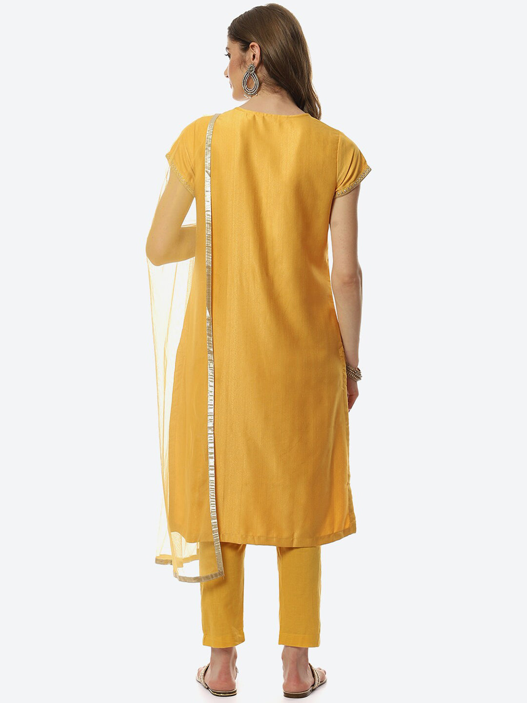 Biba Women Mustard Yellow Floral Embroidered Kurta with Trousers & With Dupatta
