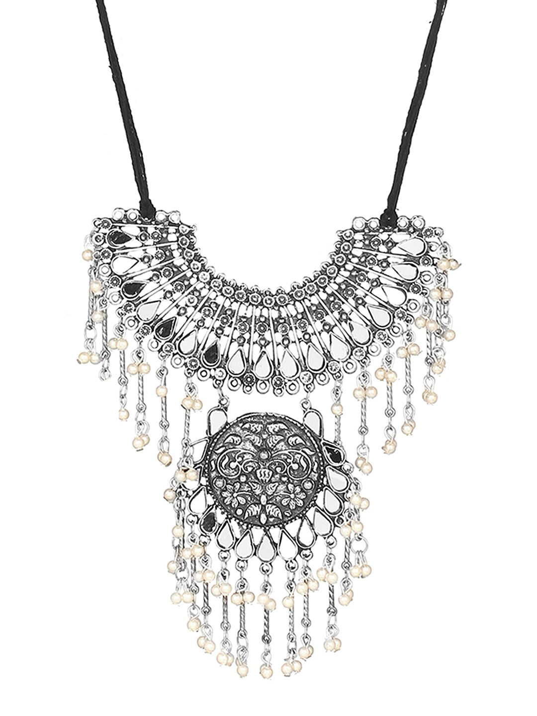 Cardinal Silver-Toned Mirror Studded & Beaded Oxidised Choker Jewellery Set