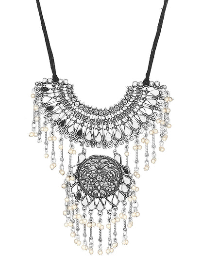 Cardinal Silver-Toned Mirror Studded & Beaded Oxidised Choker Jewellery Set