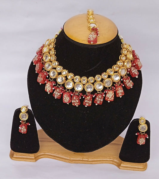 Joban Fashion Red Kundan Work Necklace Set