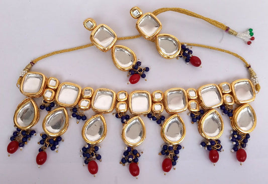 Joban Fashion Blue Red Kundan Work Necklace Set