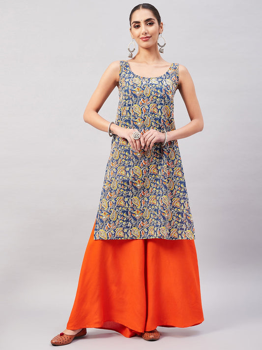 InWeave Women's Blue Kalamkari Straight Kurta Palazzo Set