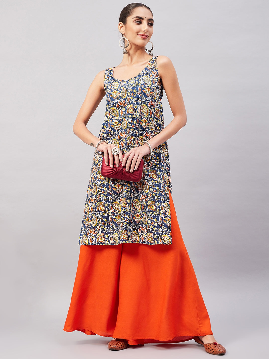 InWeave Women's Blue Kalamkari Straight Kurta Palazzo Set
