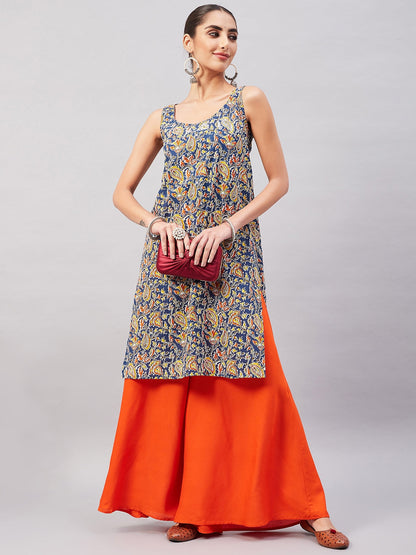 InWeave Women's Blue Kalamkari Straight Kurta Palazzo Set