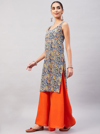 InWeave Women's Blue Kalamkari Straight Kurta Palazzo Set