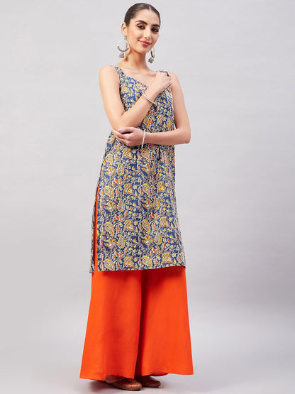 InWeave Women's Blue Kalamkari Straight Kurta Palazzo Set