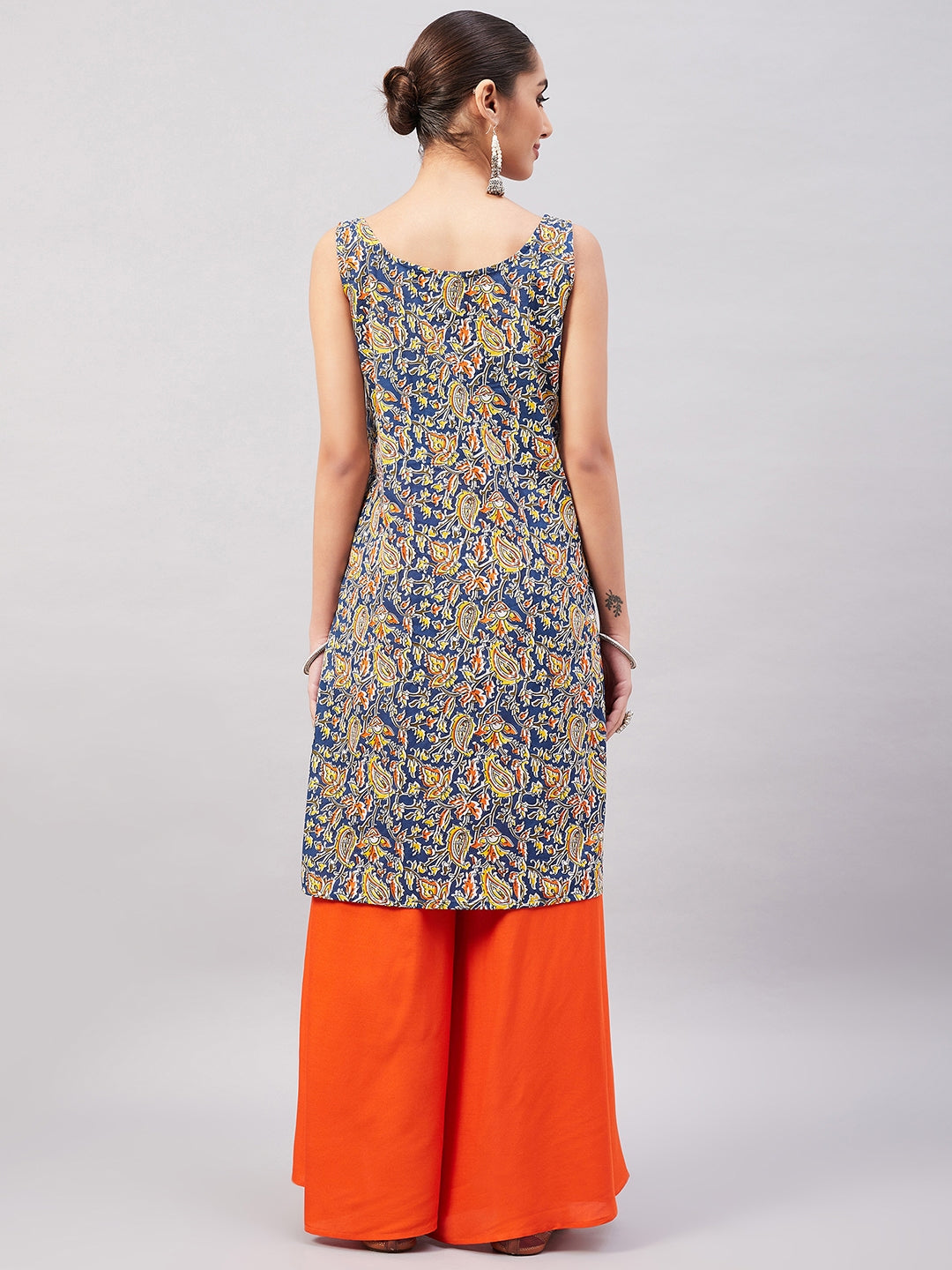 InWeave Women's Blue Kalamkari Straight Kurta Palazzo Set