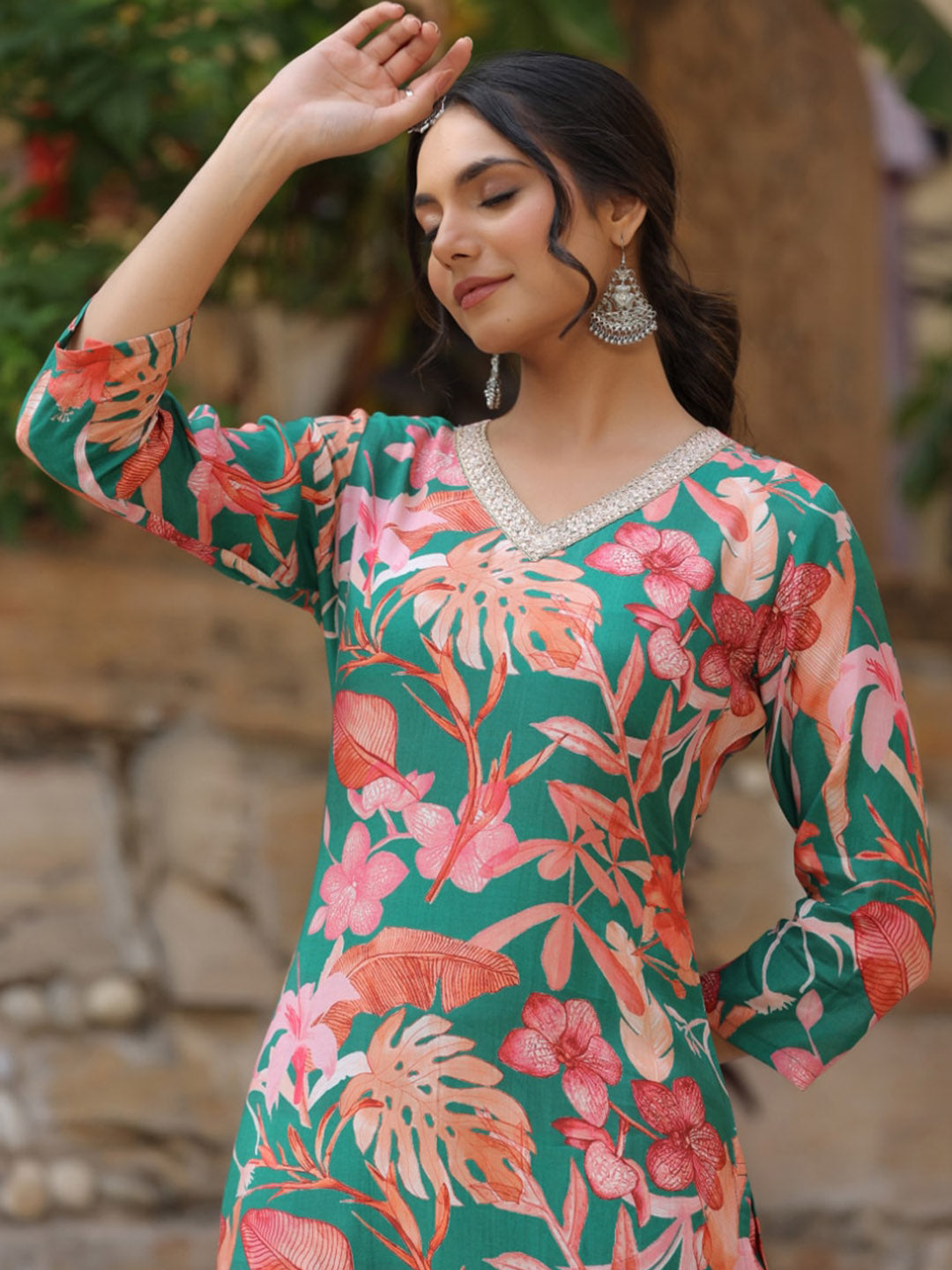 Kalini Floral Printed V-Neck Straight Kurta With Palazzos