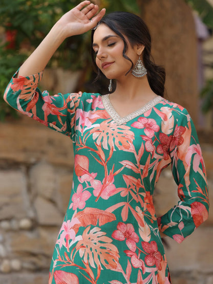 Kalini Floral Printed V-Neck Straight Kurta With Palazzos