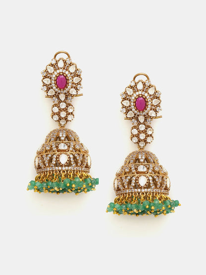 Ruby Raang Gold Polished Kundan Work Multi-Color Diamond And Stone Jhumka Earrings