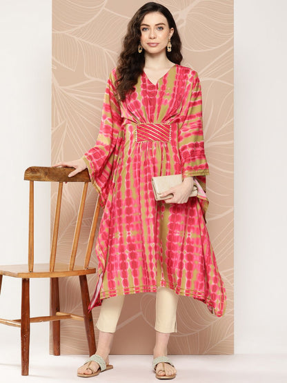 Ahalyaa Women Printed Flared Sleeves Gotta Patti Belted Detail Crepe Kaftan Kurta