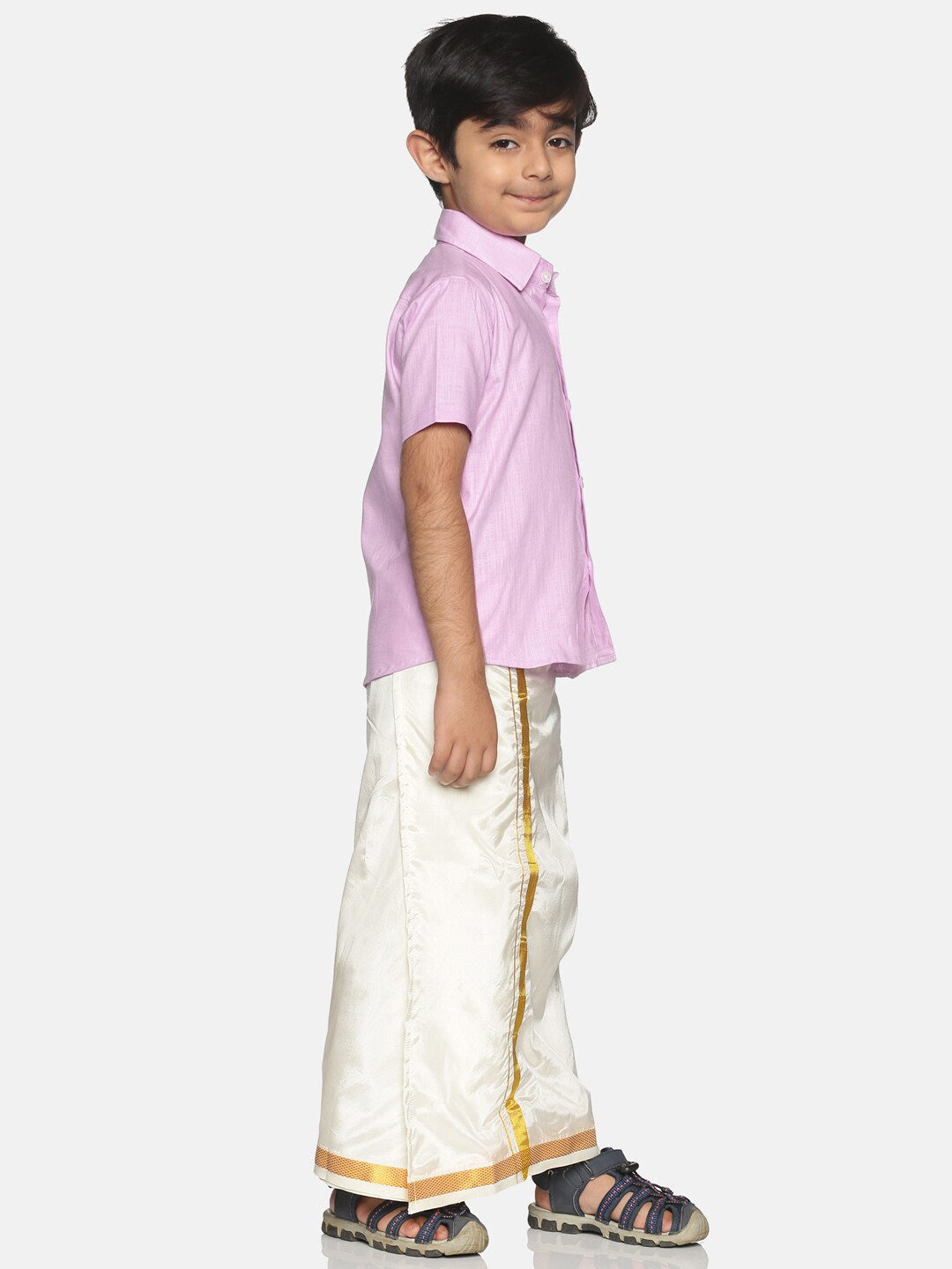 Sethukrishna Boys Pink & White Solid Shirt with Veshti Set