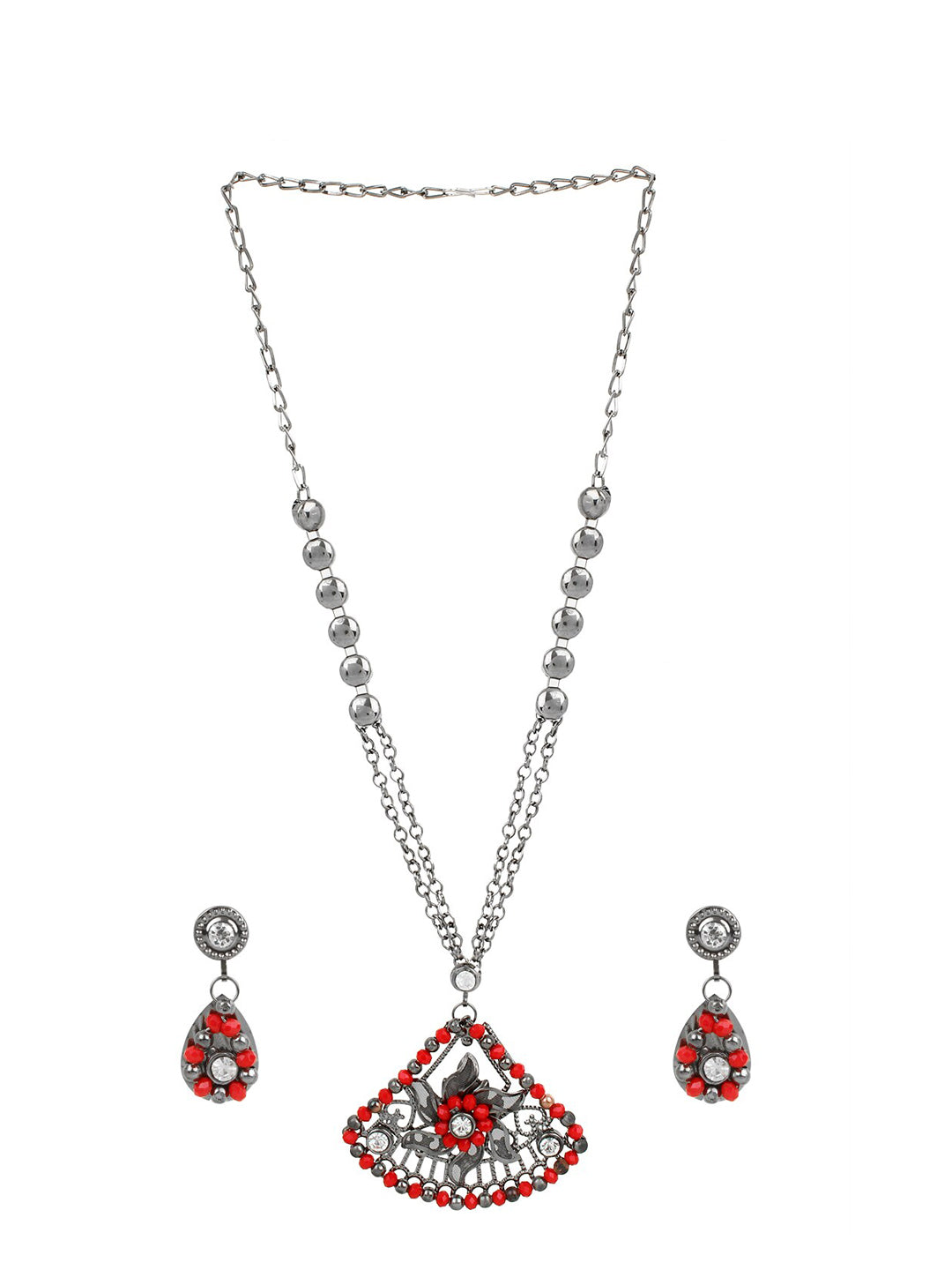 Cardinal Women Oxidised Silver-Plated Red Stone Studded & Beaded Jewellery Set