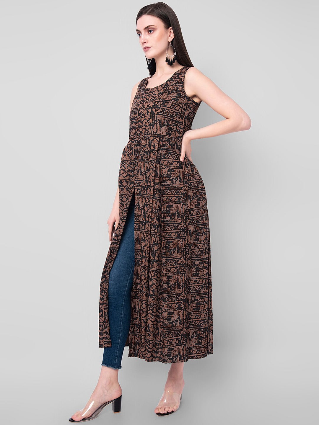 Kalini Women Brown & Black Abstract Print A-Line Kurta