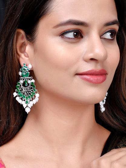 Shoshaa Silver-Plated Green Handcrafted Drop Earrings With Pearl
