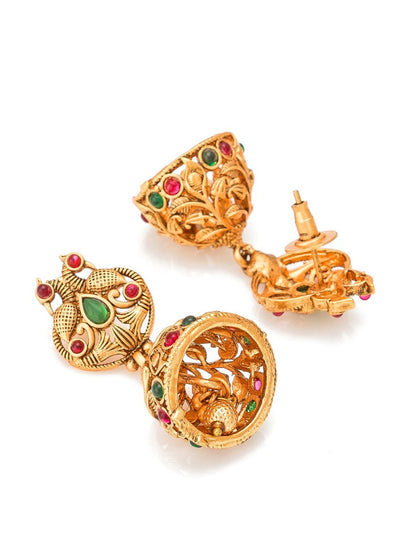 Aadita Gold-Polished Green & Pink Stone-Studded & Pearl Beaded Jewellery Set