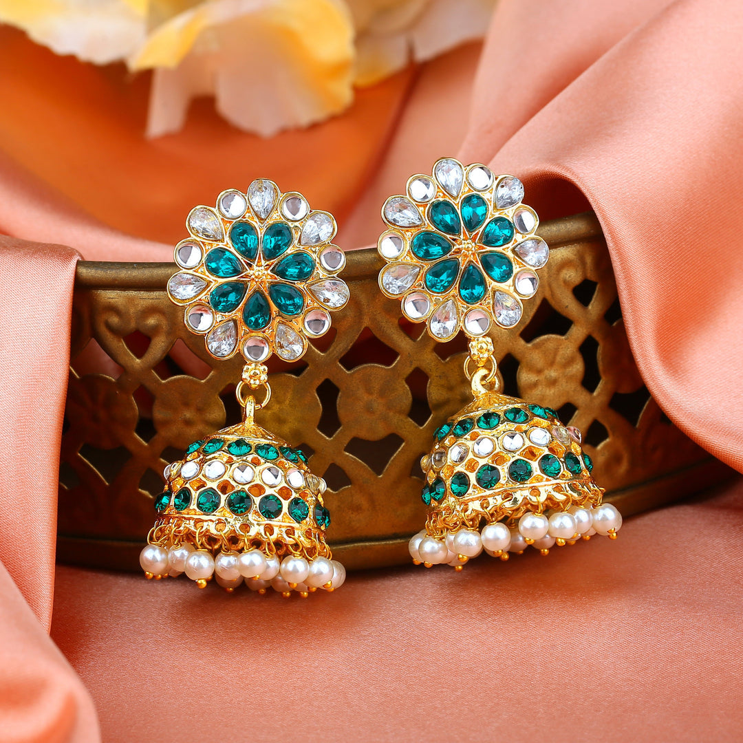 Estele Gold-Polished Traditional Flower Designer Meenakari Jhumka Earrings With Green & White Crystals for Women