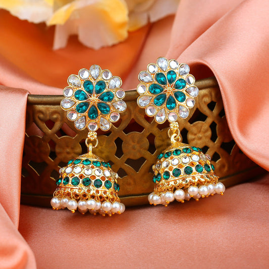 Estele Gold-Polished Traditional Flower Designer Meenakari Jhumka Earrings With Green & White Crystals for Women