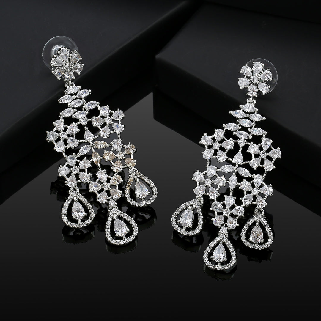 Estele Rhodium Plated CZ Snow Flakes Chandelier Long Dangler Earrings for Women