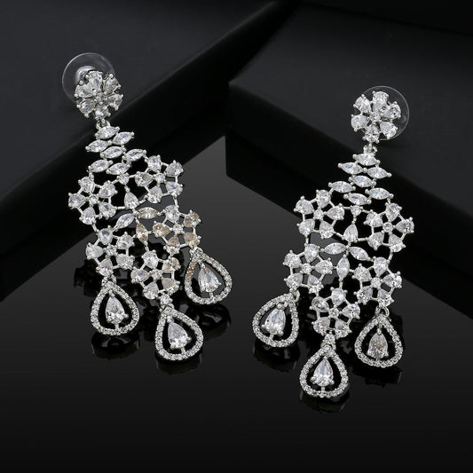 Estele Rhodium Plated CZ Snow Flakes Chandelier Long Dangler Earrings for Women