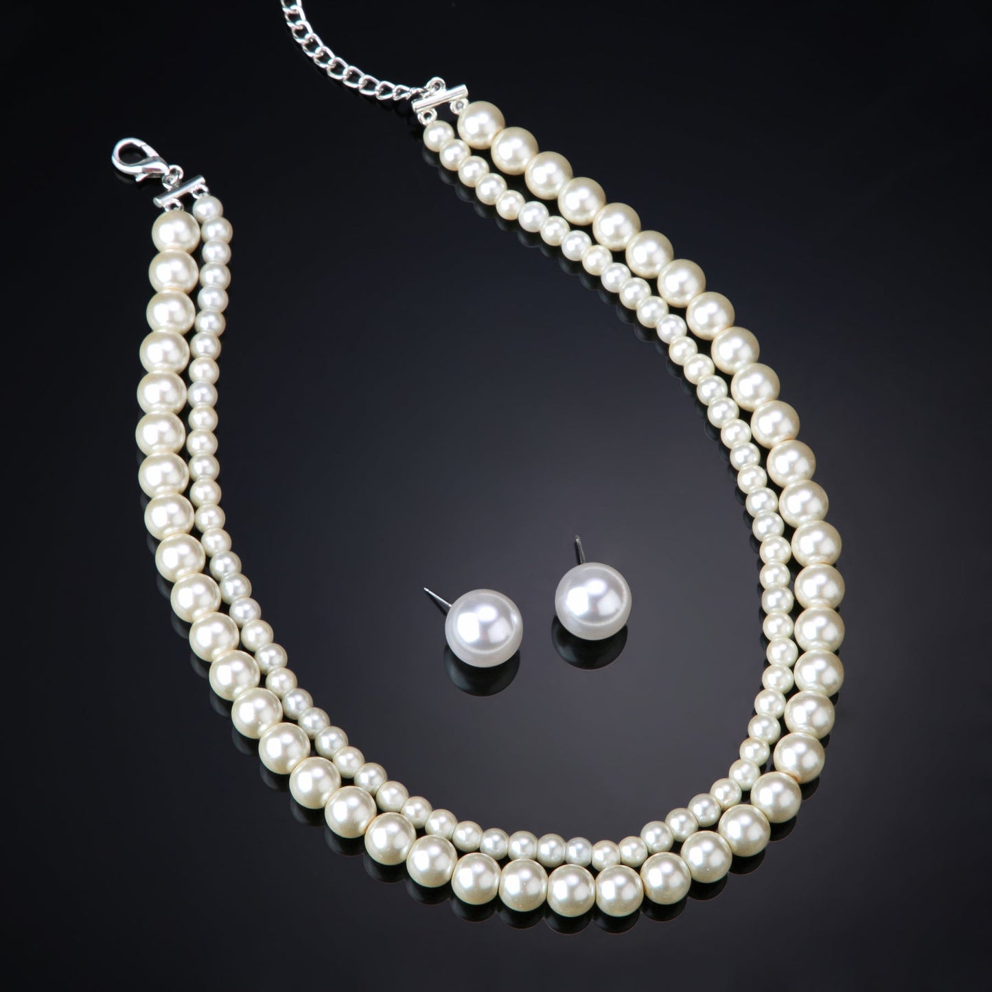 Estele Rhodium Plated Stunning Double Layered White Pearl Necklace Set for Women