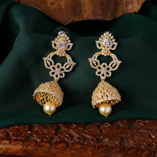 Estele Gold-Polished CZ Fascinating Jhumka Earrings with White American Diamonds for Women