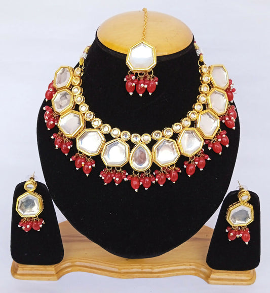 Joban Fashion Red Kundan Work Necklace Set