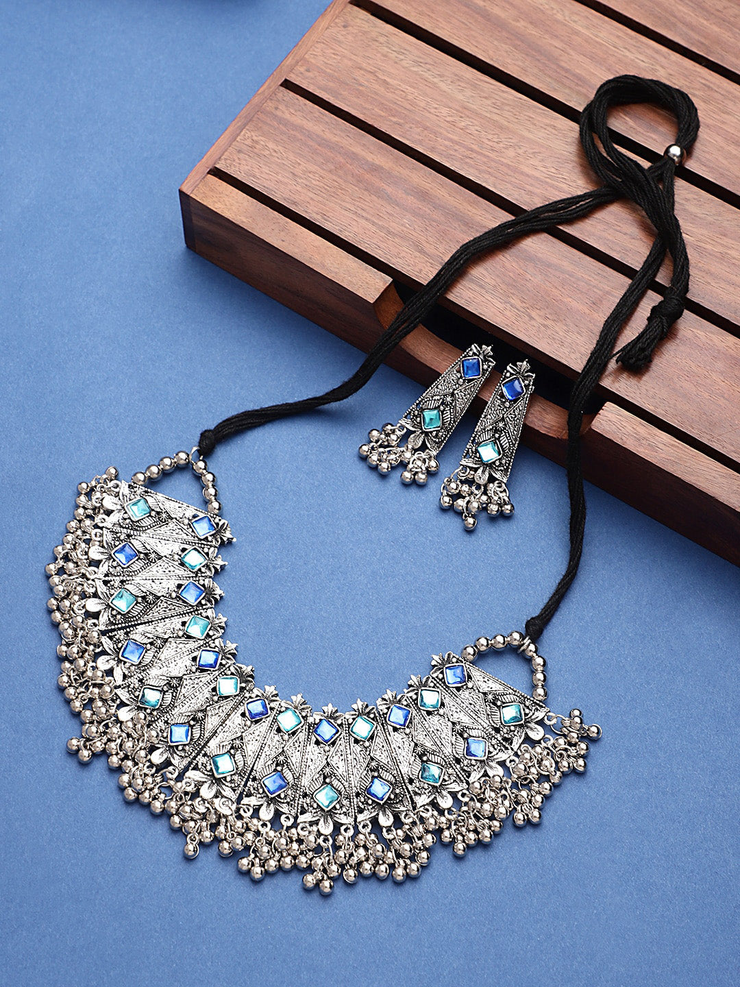 Cardinal Oxidised Silver-Toned & Blue Stones-Studded & Beaded Jewellery Set