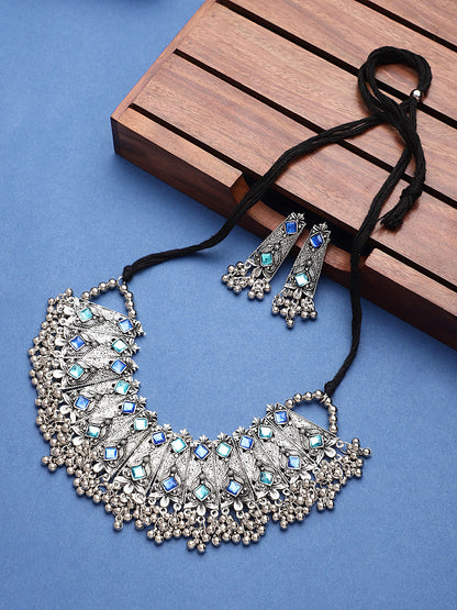Cardinal Oxidised Silver-Toned & Blue Stones-Studded & Beaded Jewellery Set