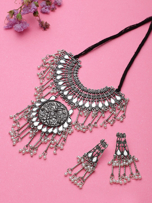 Cardinal Silver-Toned Mirror Studded & Beaded Oxidised Choker Jewellery Set